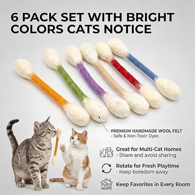 Cotton Swabs Cat with Catnip, 6 Pk Giant Kitten Chew Sticks for Indoor Boredom, Durable Dental Teething Ropes, Big Interactive Felt Kitty Kicker Play Lover Gift Accessories (Red)