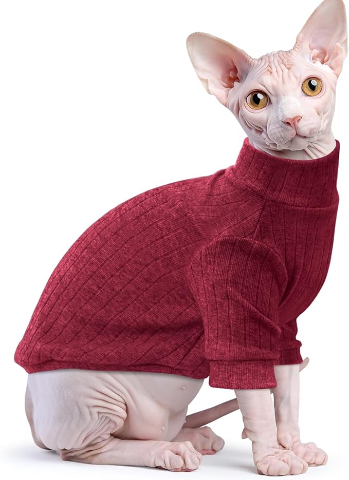 Idepet Sphynx Hairless Cats Sweater Shirt Kitten Soft Puppy Clothes Pullover Cute Cat Pajamas Jumpsuit Cotton Apparel Pet Winter Turtleneck for Cats and Teacup Chihuahua Small Dogs(Red,XXL)