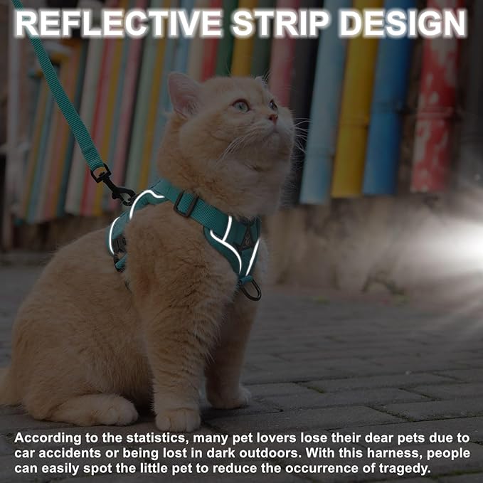 Cat Harness and Leash Set, Upgraded Escape Proof Adjustable Vest with Lead for Large Cat Small Dog Puppy Outdoor Walking, Soft Breathable Mesh Jacket with Reflective Strips for Dark Night L Green