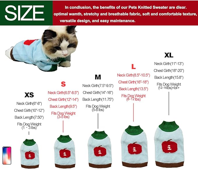 Winter Pet Knit Sweater - Light Blue with Red Fruit Print, Cozy Dog Cat Clothing, XS/S/M/L/XL Sizes (X-Small)