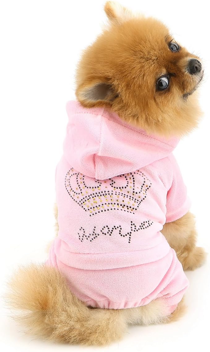 Girl Dog Clothes for Small Dogs Cute Doggie Outfits Rhinestone Crown Stretchy Puppy Pajamas Soft Velvet Hoodie 4 Legged Jumpsuit Lightweight Pet Tracksuit Cat Apparel Leash Hole