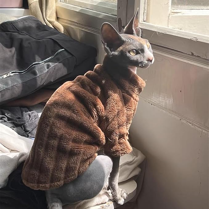 Turtleneck Sweater for Sphynx Cat Soft Coral Fleece Cat Clothes Thick Winter Warm Outfit Coat for Hairless Cats and Small Dogs Apparel with Sleeves (Brown, S (3-5 lbs))