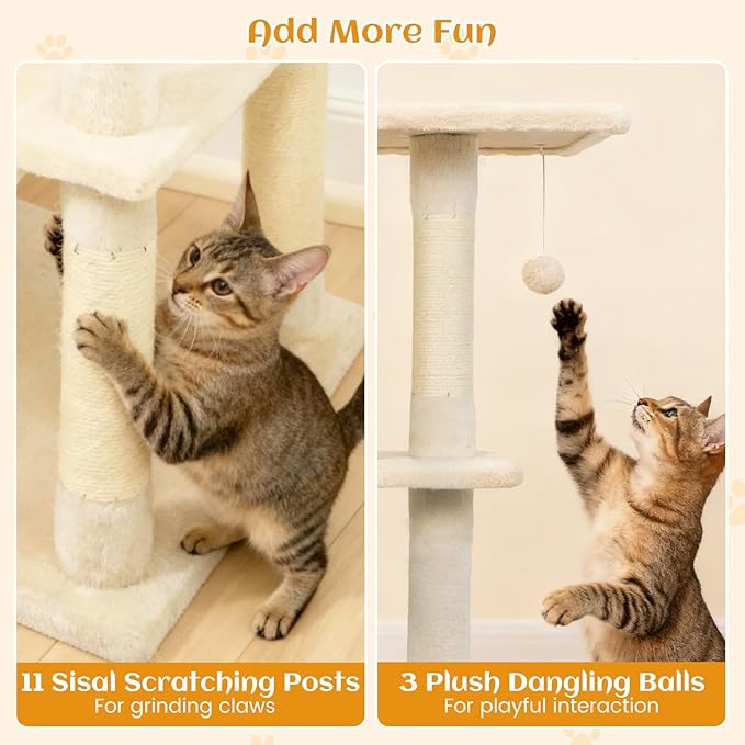 Tangkula 80 Inch Tall Cat Tree, Multi-Level Cat Tower with Sisal Scratching Posts, 2 Condos, Plush Perch, Hammock, Basket, Dangling Toys, Cat Climbing Furniture for Indoor Cats (Beige)