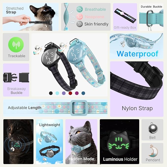 Waterproof Airtag 2nd & 1st Cat Collar, Breakaway Cat Airtag Collar with Luminous & Reflective Fish Pattern, Lightweight Kitten Collars for Apple Air tag, Hidden GPS Tracker Holder for Cats, Kittens