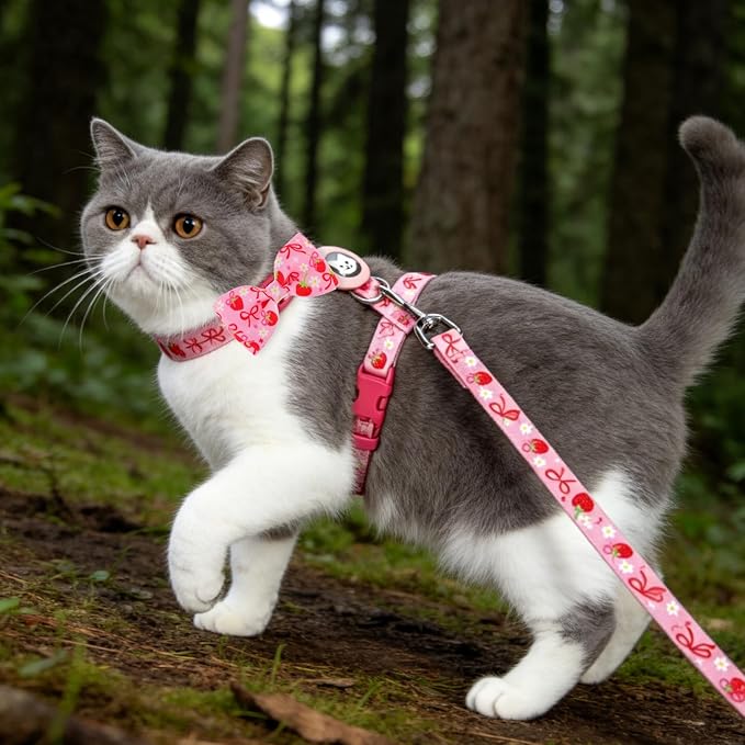 EXPAWLORER Cat Harness and Leash Set with AirTag Holder, Escape Proof Safe Lightweight Adjustable Soft Kitten Harness Set with Bowknot for Small Medium Large Cat Walking Travel Outdoor, Strawberry