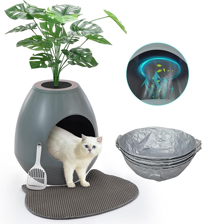 Eggloa6 Cat Litter Box Enclosure with 5PCS Litter Box Liners Plant Litter Box Large DIY Litter Box Furniture w/Cat Litter Mat, Smart Odor Removal System for Cats Kitty Bunny