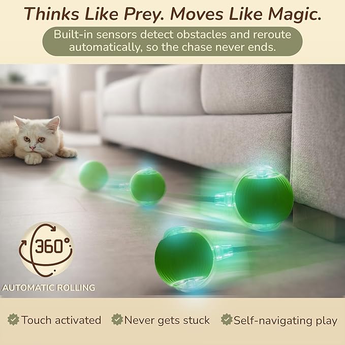 Smart Ball 2.0 - Automatic Cat Toy & Interactive Dog Toys for Small Dogs - Moving Cat Toy Ball for Indoor Cats - Motion Activated, Light Up, USB-C Rechargeable Pet Toy, 2 Speed Modes [Green]