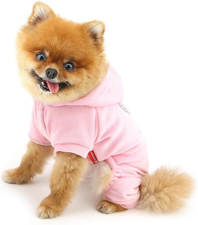 Girl Dog Clothes for Small Dogs Cute Doggie Outfits Rhinestone Crown Stretchy Puppy Pajamas Soft Velvet Hoodie 4 Legged Jumpsuit Lightweight Pet Tracksuit Cat Apparel Leash Hole