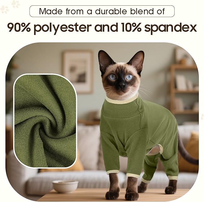 DENTRUN Cat Clothes for Hair Control with Hair Sticky Fabric - Soft Recovery Suit & Breathable Lint-Resistant Cat Sweater for Cats Only, Kitten Onesie Pajamas, L, Army Green