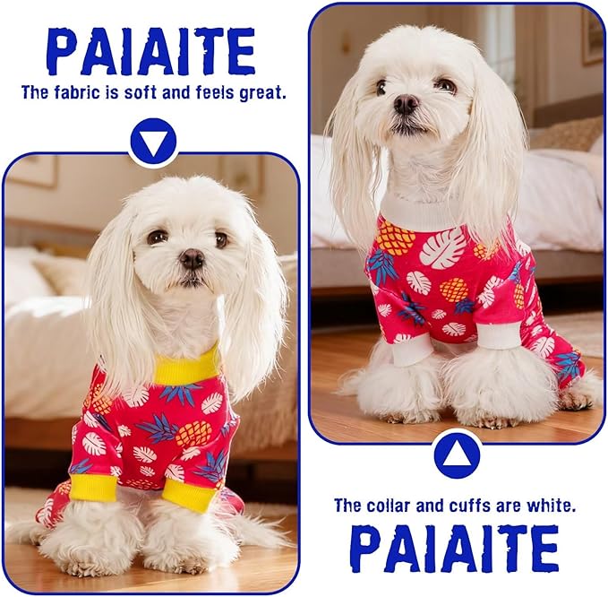 Paiaite 4-Legged Cotton Stretchable Jumpsuit Pjs: Pineapple Pattern Dog Pajamas - Lightweight Cozy Puppy Onesie Clothes, Comfortable Pet Sleepwear Jammies for Hair Shedding Coverage White Edge S