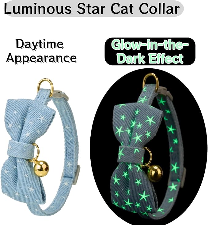 2 Pack Cat Collars with Bell,Glow in The Dark,Cute Star Bow Tie Collar for Cats,Adjustable Safety Breakaway Kitten Collar for Night Walking & Outdoor Use(Adult Cat,GD Star Blue)