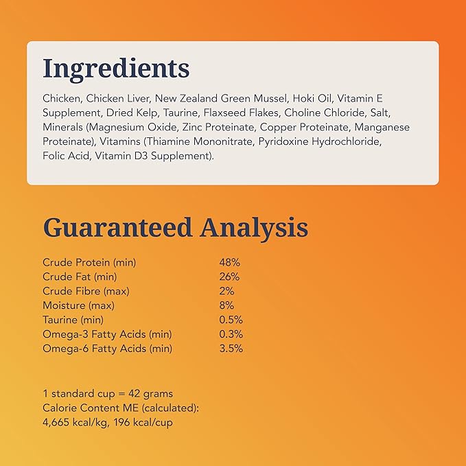Feline Natural High Protein Dry Cat Food, Freeze-Dried Diet with 98% Meat, Organs & Seafood, No Peas, Grains, or Artificial Additives, Made in New Zealand, Chicken, 11oz