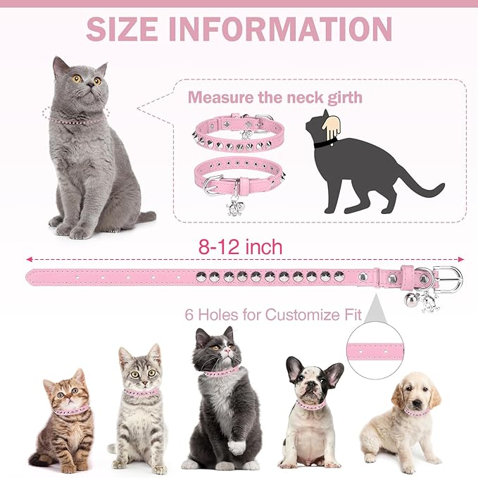 Leather Cat Collars for Boy Girl Cats with Bell and Safety Elastic Belt, Personalized Rivets Stud Adjustable Safe Buckle Collar with Skull Charm for Kitty Small Pets, Halloween Cat Collar