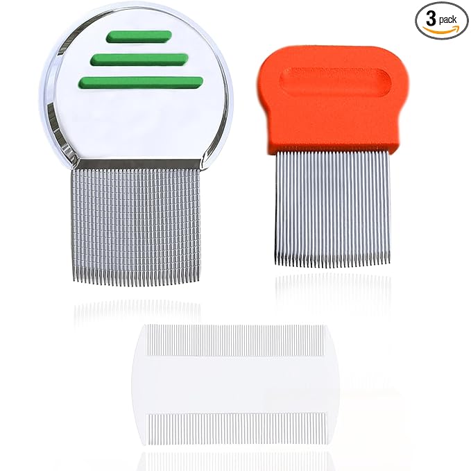 SunGrow Louse Combs for Men and Women, 2 Stainless Steel Grooming Combs and 1 Plastic Dandruff Comb for Adults, For All Types of Hair, Scalp Care, High-strength Fine Teeth, 3 Pcs per Pack