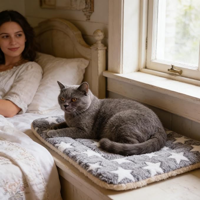 Self Warming Cat Bed Mat, 27.17” x 18.9” Gray Self Heating Pet Pad for Indoor & Outdoor Cats Dogs, No Electricity Thermal Warming Mat, for Crate Bed Furniture