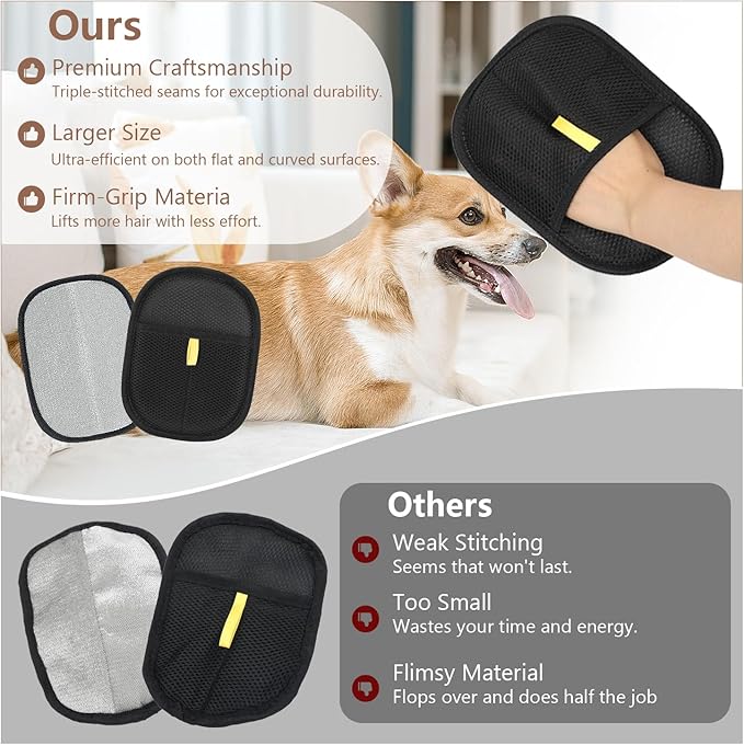 Pet Hair Removal Gloves, 2 Packs Reusable Electrostatic Pet Fur Remover Mitt, Washable Shedding Brush Glove for Dog Cat, Multi Surface Lint & Fur Cleaning Tool for Furniture, Car & Carpet