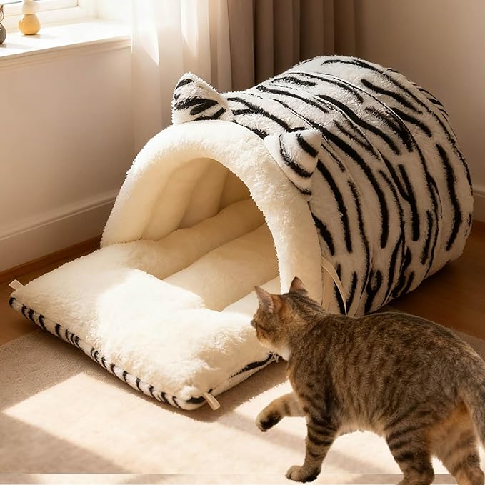Washable Cat Bed - Warm Plush Washable Non-Slip | Semi-Enclosed Kitten Bed Cat Furniture,for Kitten Puppy Pet Sleeping Calming Cold Weather Indoor Home Decor Apartment Living Room (White)