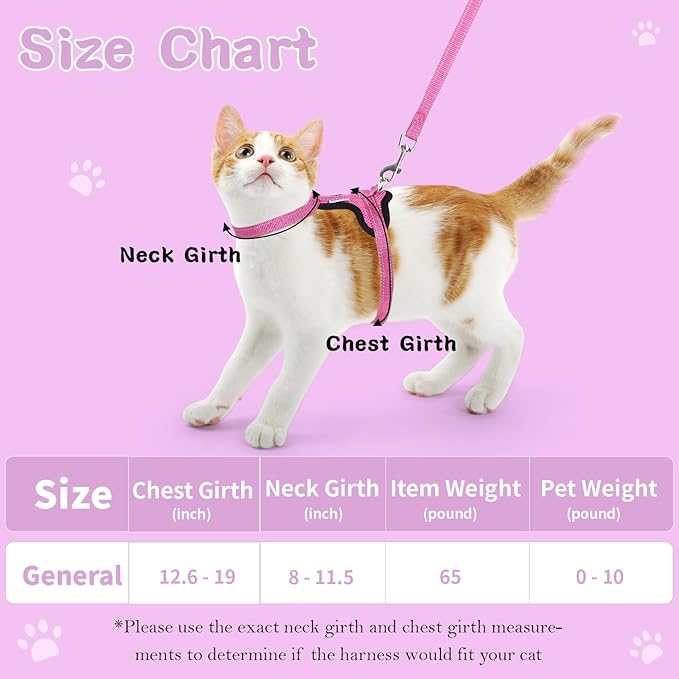 Cat Harness and Leash Set for Walking,Adjustable Escape Proof Kitten Harness and Leash with Reflective Strips,Easy to Wear Soft Breathable Harness for Cats Puppy Bunny Dogs Pink