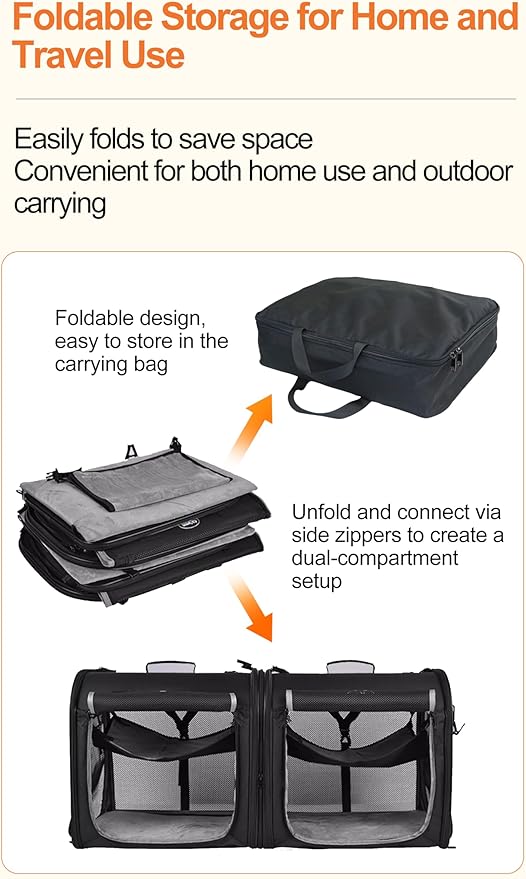 2-in-1 Cat Carrier for 2 Cats, Foldable Double Cat Carrier,Two Pets Carrier for Outdoor Travel with Secure Zipper Locks