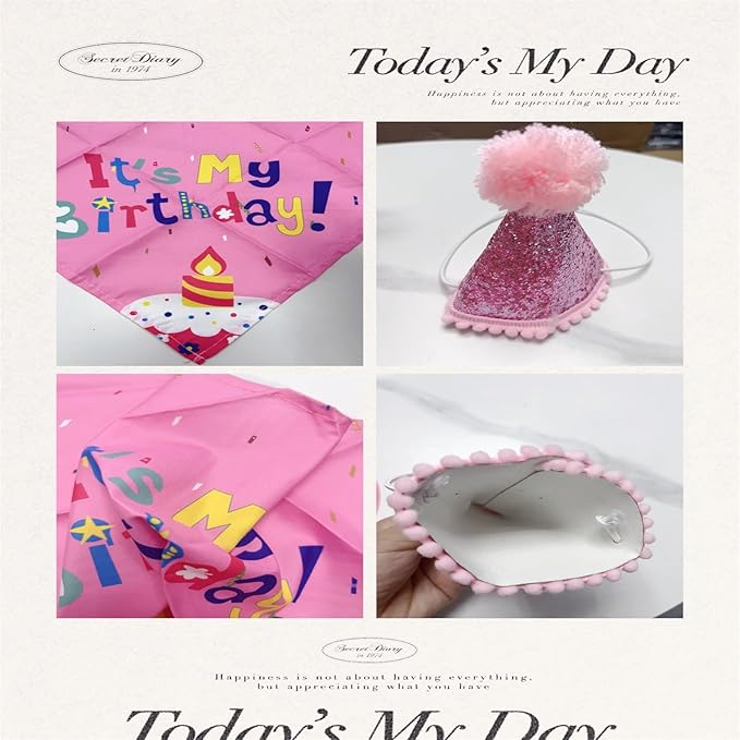Dog Birthday Party Supplies with Bandana and Party Hat with Numbers, Happy Party Banner and Bollon for Small Middle Dogs Pink Birthday Girl Boy Scarf (Pink)