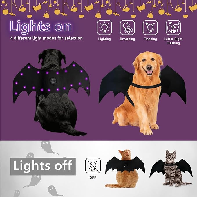 LED Bat Wings for Pets - Halloween Costume with 20 Lights, 4 Modes, Adjustable Fit for Cats & Dogs, Safe Soft Material for Party Trick or Treat （XL Size）