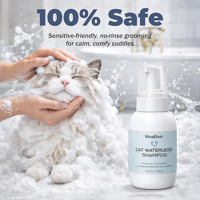 Cat Shampoo & Conditioner 2-in-1, waterless Bath — Hydration & Itch Relief — Detangles & Soothes Dry Skin, Anti-Static — Oatmeal, Aloe, Silk Protein — Low-Residue & pH-Balanced — 500 mL + Glove