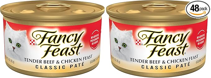 Fancy Feast Purina Tender Beef and Chicken Feast Classic Grain Free Wet Cat Food Pate - 3 oz. Cans (Pack of 48)