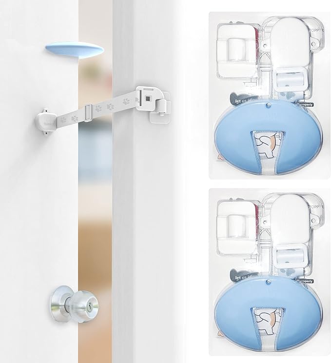 Neobay Adjustable Door Strap and Latch, Damage-Free Cat Door Latch to Keep Large Dog Out of Litter Box, Economical Alternative of Pet Gates and Interior Cat Door, Magnetic with Stopper 2 Packs