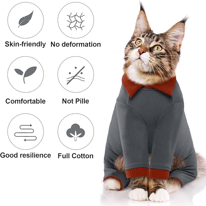 QBLEEV Sticky Hair Cat Clothes, Soft Cat Pajamas for Cats Only, Prevent Lost Fur Kitten Sweater Onesie, Stretchy Recovery Suit for Female Male Cats After Surgery Daily Wear, Grey, XS