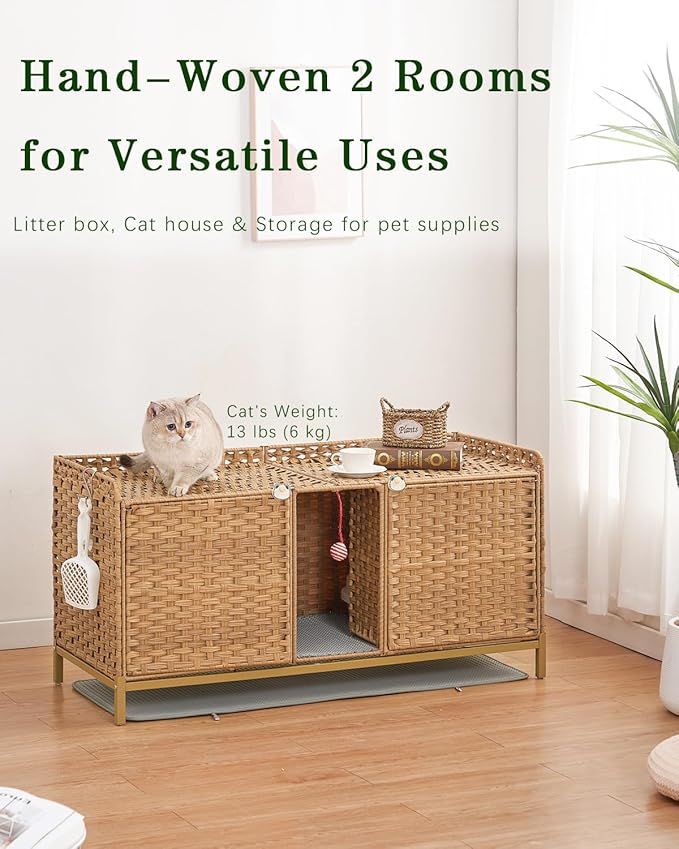 SETVSON Cat Litter Box Enclosure for 2 Cats, Hidden Litter Box Furniture with Mat, Large Rattan Cat House with Double Room and Door, 47.3 L x 19.7 W x 24 H, 2 S-Shaped Hooks for Living Room Natural