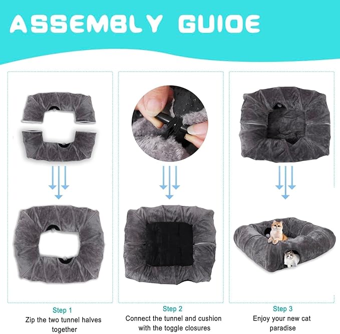 CLKHOWL Cat Tunnel Bed for Indoor Cats, Washable & Detachable Cat Bed, Cute Peekaboo Cat Cave for Small Medium Large Cat (Dark Gray)