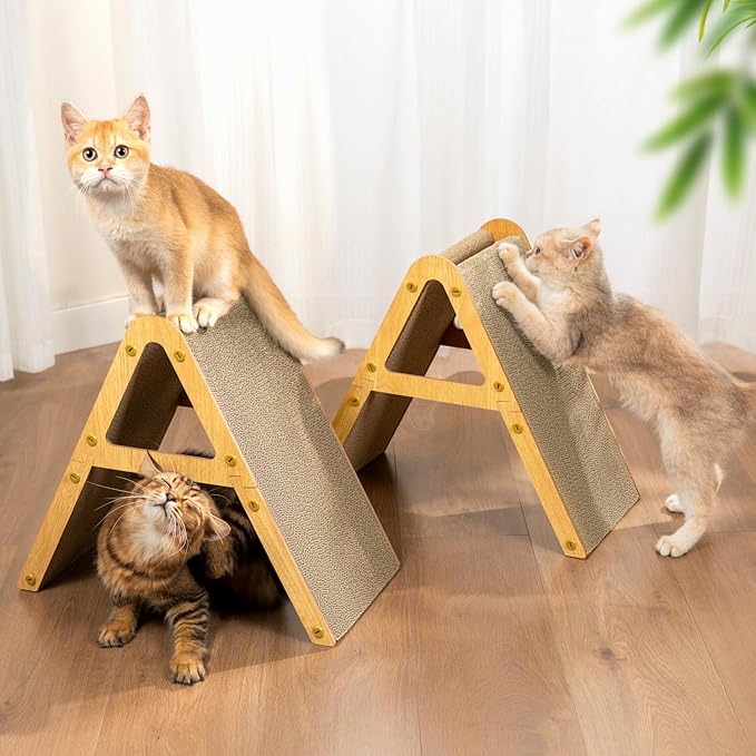 Conlun A-Frame Cat Scratching Board, Recycled Cardboard & Wood Frame, Dual-Sided Vertical Horizontal Cat Scratcher for Indoor Kittens, Ideal for Multiple Cats- 2 Pack, Light Wood, Small