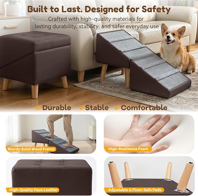 Dog Ramp & Stair for Couch Sofa Bed, 18.5" Extra Wide 15.7" H Foldable Ottoman & Hidden Storage 3-in-1 Design, Safer Non-Slip Leather Pet Steps for Puppy Senior Injured Dogs (Brown)