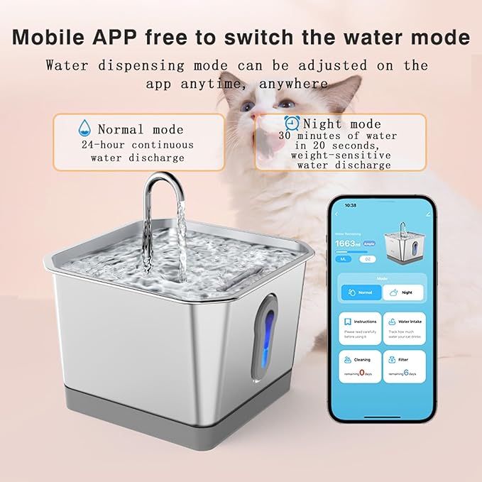 Cat Water Fountain,3.5L Stainless Steel Smart Automatic Water Circulation Pet Water Dispenser Pet Drinking Dispenser Inside Cat Drinking Fountain with App Alert for Home
