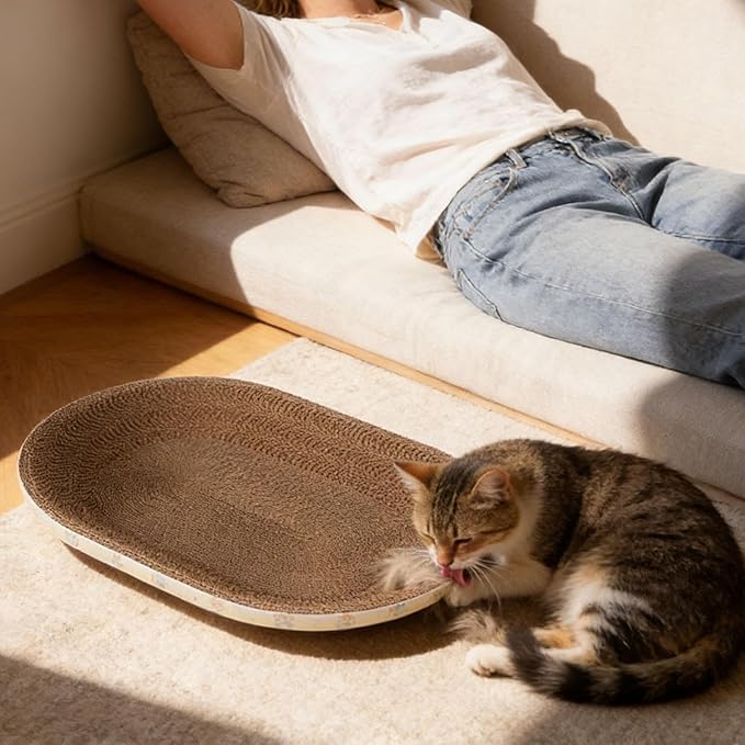 Oval Cat Cardboard Scratcher Bed, 2-in-1 Corrugated Cardboard Scratching Pad, Corrugated Lounge Couch Breathable Pet Scratch Pad for Small and Large Cats (Coffee)