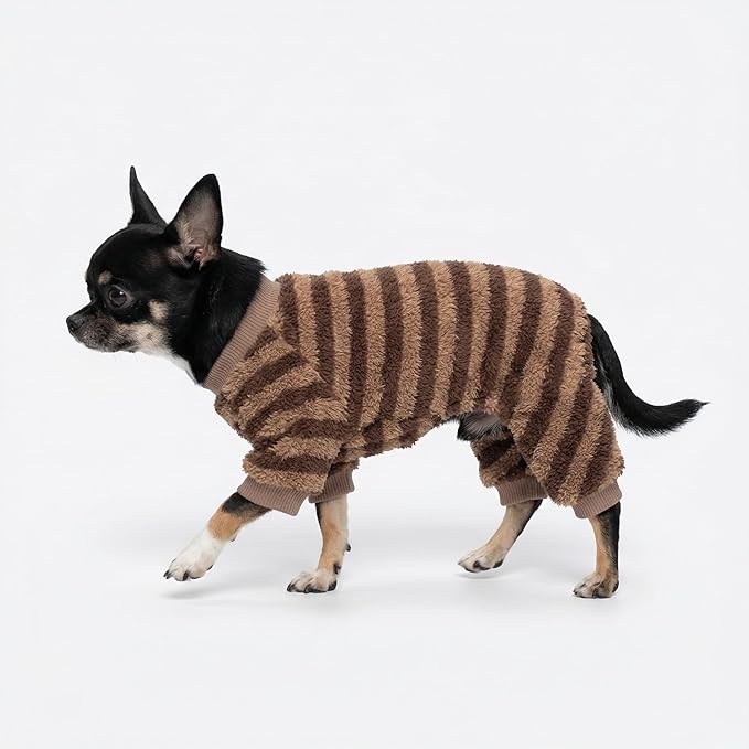 Fitwarm Fleece Striped Dog Pajamas, Dog Winter Clothes for Small Dogs Girl Boy, Velvet Dog Onesie, Soft Pet Jammies, Doggy Apparel, Brown, Tan, Medium