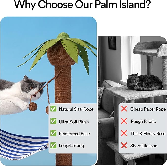 ZEZE Summer Coconut Island Cat Tree with Hammock & Bed — Tropical Palm Tree Cat Scratching Post, Cozy Plush Cat Nest, Sisal Rope Climbing Tower for Indoor Cats, Stable Base