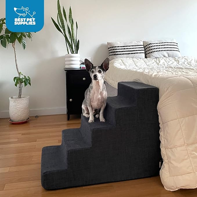 Best Pet Supplies Dog Stairs & Steps - Foam Steps for Small Dogs & Cats, Non-Slip Indoor Balanced Pet Step Support, Dog Ramp, No Assembly, Dark Gray Linen, 4-Step (18-inch Height)