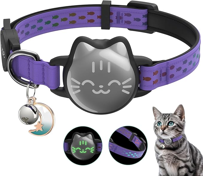 Waterproof Airtag 2nd & 1st Cat Collar, Breakaway Cat Airtag Collar with Luminous & Reflective Pattern Strap, Lightweight Kitten Collars for Apple Air tag, Hidden Holder - Cats, Kittens