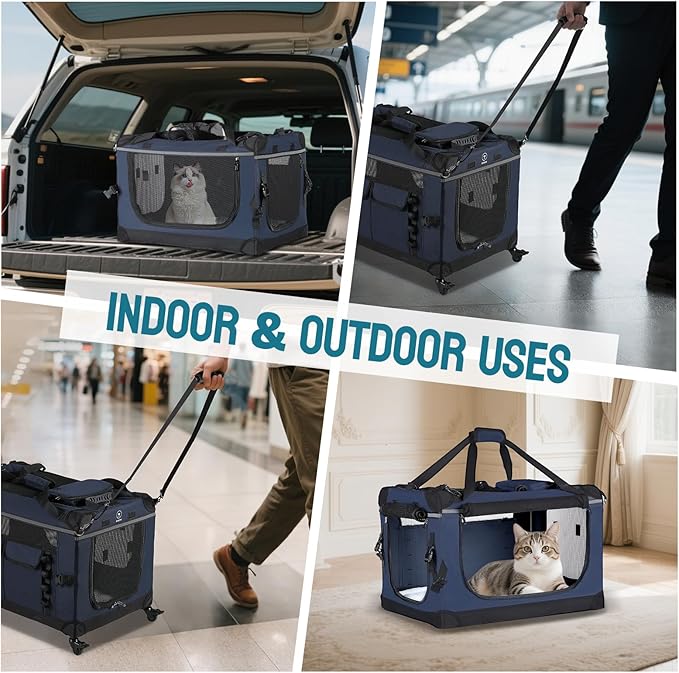 PEGIC 24‑inch Rolling Cat Carrier with Pull Strap: Spacious Travel Solution for Large Cats & Two Kittens, Reinforced Non‑Sagging Base for Car Rides & Vet Visits