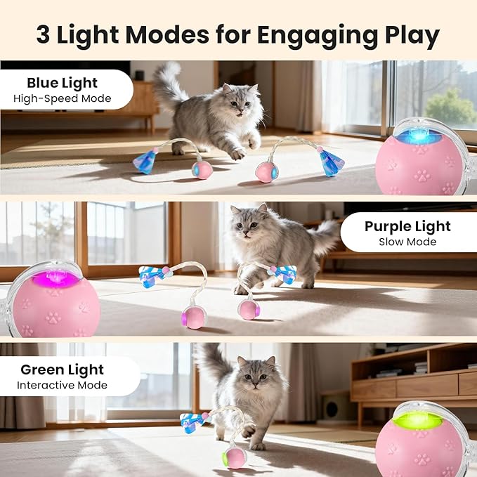 Rocfish Cat Toys, Cat Toys for Indoor Cats, Cat Toys Interactive, 360° Rotating Automatic Interactive Cat Ball, Smart Activation, LED Light, Type-C Rechargeable, 3 Replaceable Dragonfly Tails (Pink)
