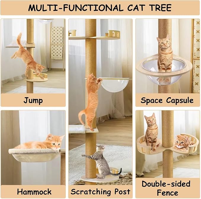Cat Tree Floor to Ceiling,Solid Wood Height Adjustable Cat Tower,6-9.5ft Tall Cat Tree with Scratch Post for Large Cats,Aesthetic Multi-Level Cat Climbing Tree for Indoor Cat (L)