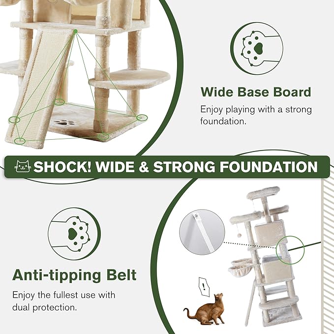 IMUsee 68 Inches Multi-Level Large Cat Tree for Large Kitties/Big Cat Tower with Condo/Cozy Plush Perches/Sisal Scratching Posts and Hammocks/ ‌Feline Activity Center Play House/Beige