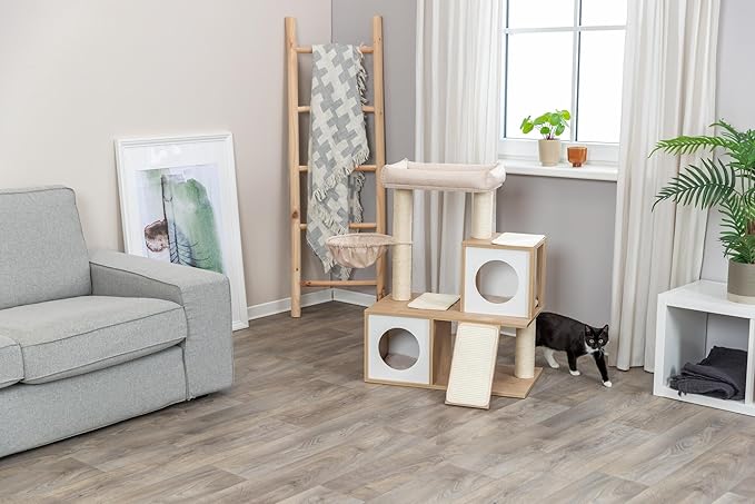 Trixie Addison Cat Tree – Indoor Cat Furniture with Sisal Scratching Posts, Condos, Hammock & Cozy Bed – Cat Tower for Scratching & Climbing – Beige, 15.7" x 27.2" x 35.4"