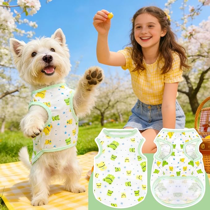 PETCARE Cartoon Dog Shirts for Small Dogs Cute Dog Clothes Green Frog Tshirt Soft Cotton Puppy Pajamas Breathable Sleeveless Pet Tank Top Spring Summer Dogs Clothes for Chihuahua Yorkie Shih Tzu