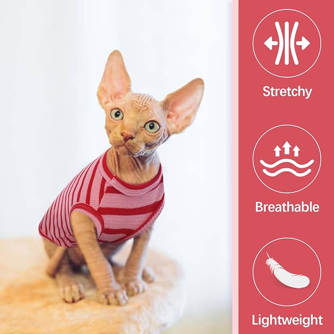 Sphynx Cat Clothes, Breathable Hairless Cat Shirts, Stripe Kitten T-Shirts Sleeveless, Pullover Cat Sweaters, Pet Summer Apparel for Sphynx, Cornish Rex, Devon Rex, Peterbald, Small Dogs