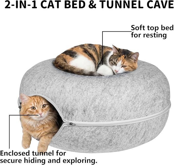 Cat Cave Bed Tunnel Donut 2 Pack– Peekaboo Felt Hideaway for Indoor Large Cats up to 45 lb – Detachable Washable Scratch-Resistant – Multi-Cat & Kittens, Grey