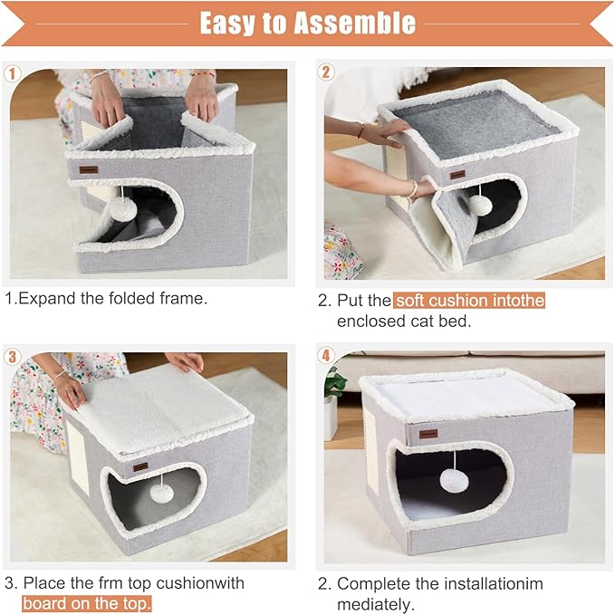 Garnpet Cat Bed for Indoor Cats Cube House, Covered Cat Cave Beds & Furniture with Scratch Pad and Hideaway Tent, Cute Modern Cat Condo for Multi Small Pet Large Kitten Kitty, Large, Grey