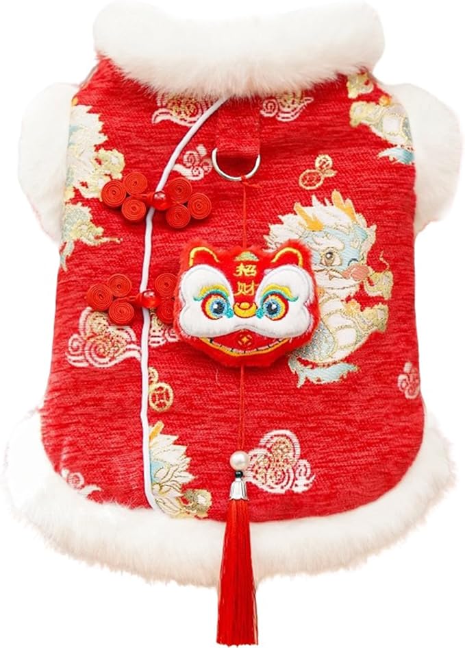 SEIS New Year Pet Winter Coat, Thicken Dog Lion Dance Clothes, Warm Cat Tassel Apparel for Cats Small and Medium Dogs (XL (Chest Girth 21.7"))