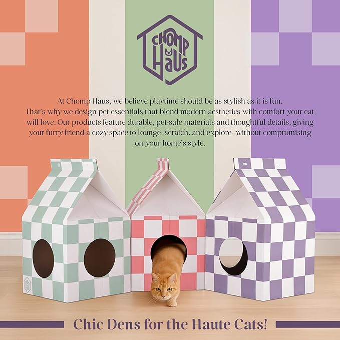 Cardboard Cat House with Scratch Pad – Durable, Eco-Friendly Hideaway, Easy Assembly, Stylish Cotton Candy Checkered Design, Indoor Pet Furniture, for Cat Lovers